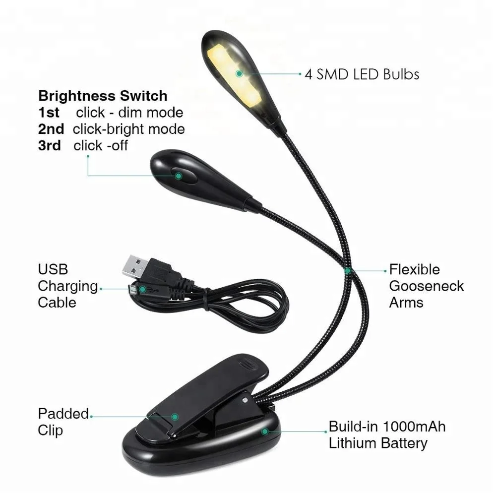 
Clip on Rechargeable LED Book Light Reading Light with Eye Protection 3 Level Brightness USB lamp 