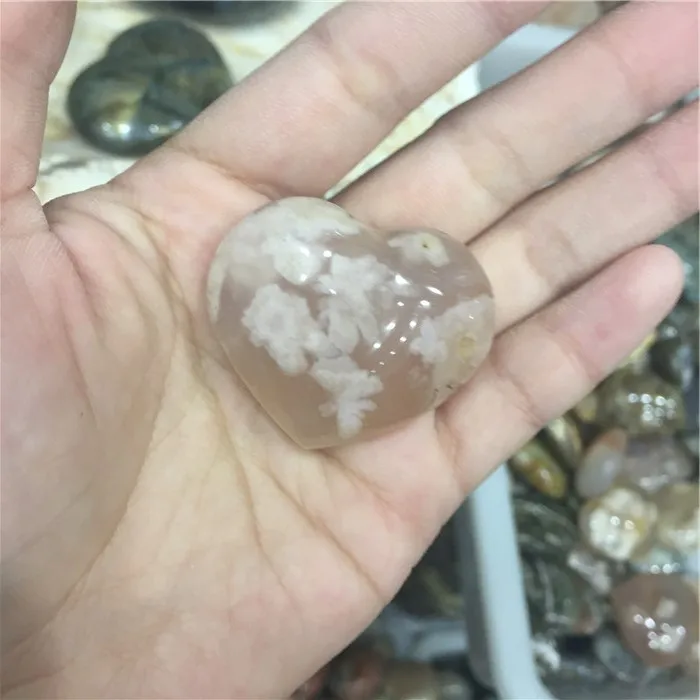 
Wholesale Natural Carved Sakura Agate Hearts Quartz Stone Heart For Pendant 
