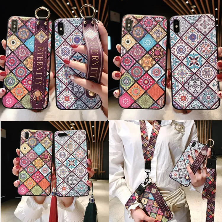 Wrist Strap Soft TPU Phone Case For samsung s8 s9 plus s10 Case For samsung Note 8 9 J4 J6 A8 Vintage Flower Pattern Holder Case