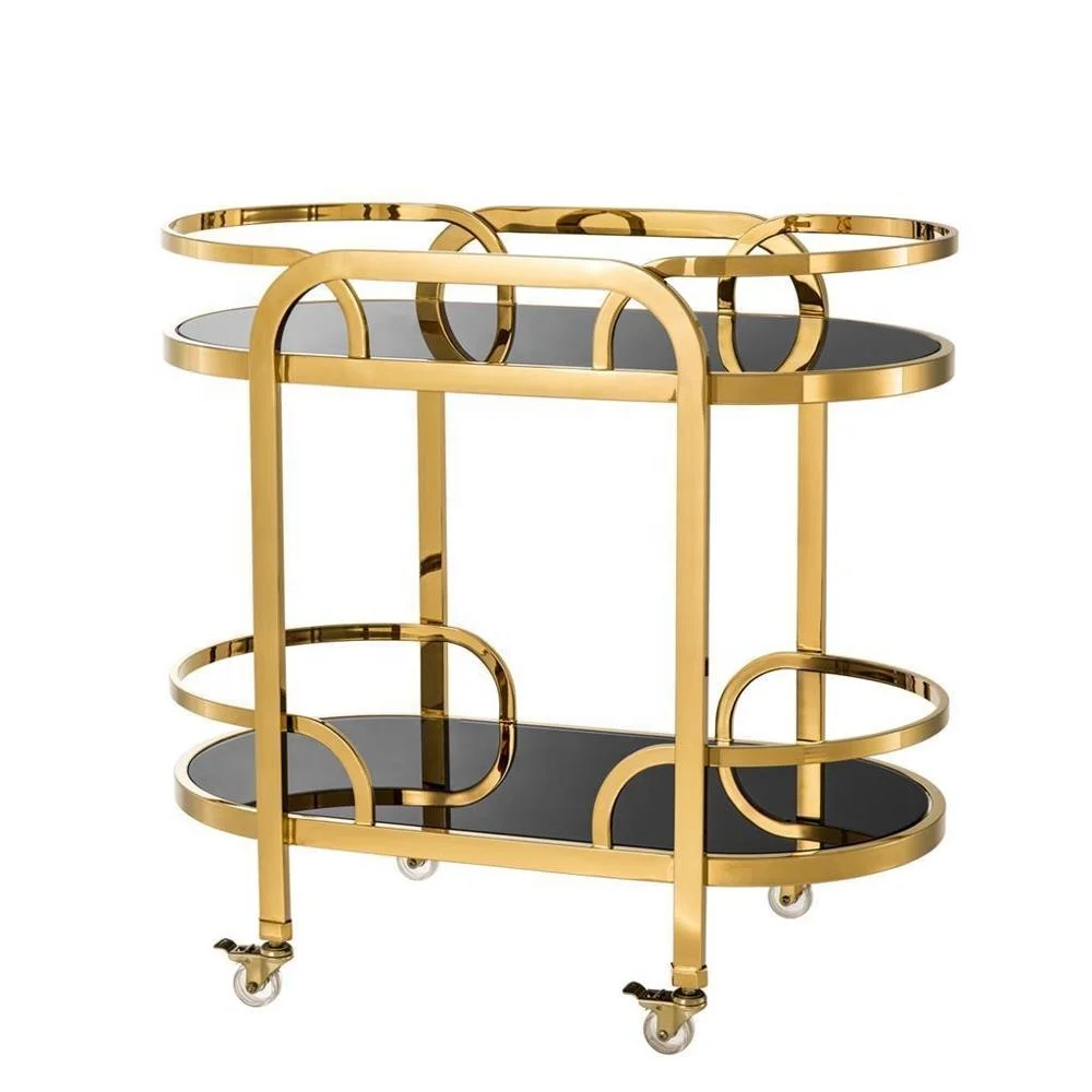 
Luxurious black glass gold stainless steel trolley with wheels 