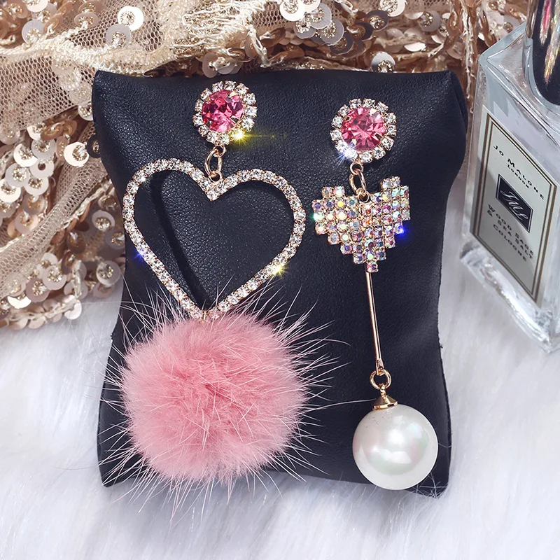 fashion crystal heart shaped drop earrings pom pom fur ball earrings Korean plush ball earrings