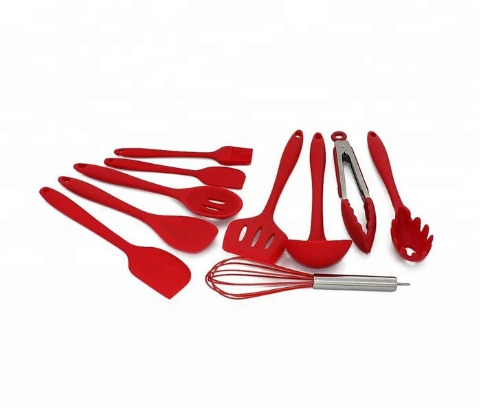 wholesale food grade silicone kitchen utensil set with box accept logo 10 piece black red silicone kitchen utensil
