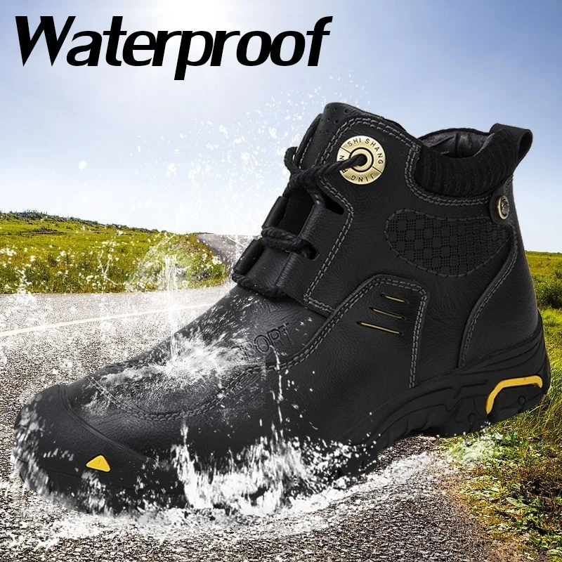 Мужские Теплые ботильоны из воловьей кожи, коричневые ботинки с плюшевой подкладкой, Рабочая обувь для снега, уличные ботинки для снега, зима 2019