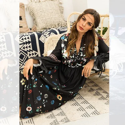 Женское элегантное ДРАПИРОВАННОЕ свободное платье с V-образным вырезом, расклешенными манжетами и длинным рукавом, хлопковое этническое платье