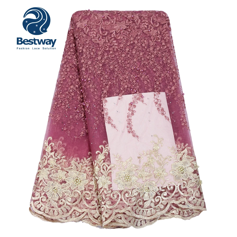 Bestway Lace and embroidery fabric 2018 Newest Nigeria cheap French lace with beads For Women Dresses FL0328