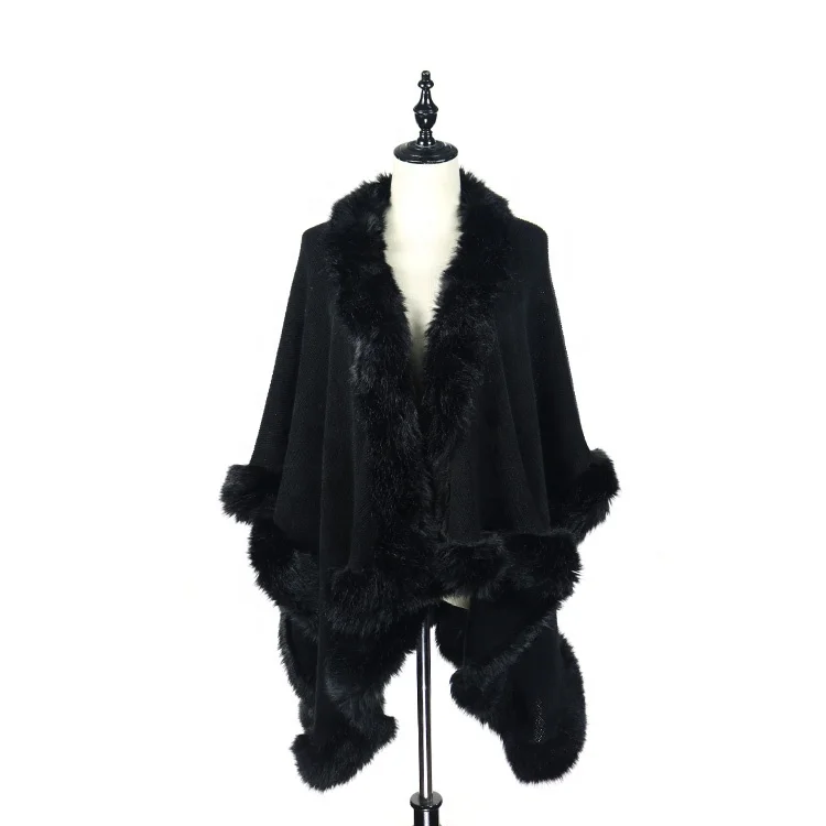 Custom Fake Fur Brim Soft Hand Feeling Knit Cardigan Poncho For Women,Cape For Women,Wrap Shawl For Women