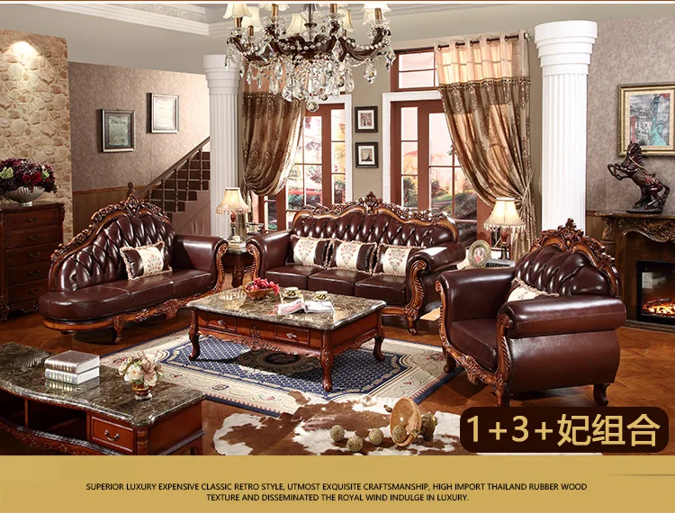 French Louis Style Classic Design Button back bench Upholsteried 7 seater Wooden sofa Sofa & Loveseat Luxury Living Room Set