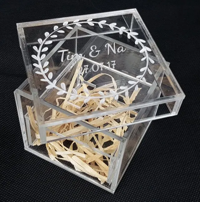 15 Years Factory Custom Rustic Clear Glass Look Acrylic Engagement Ring Bearer Box Holder Wedding Ring Box