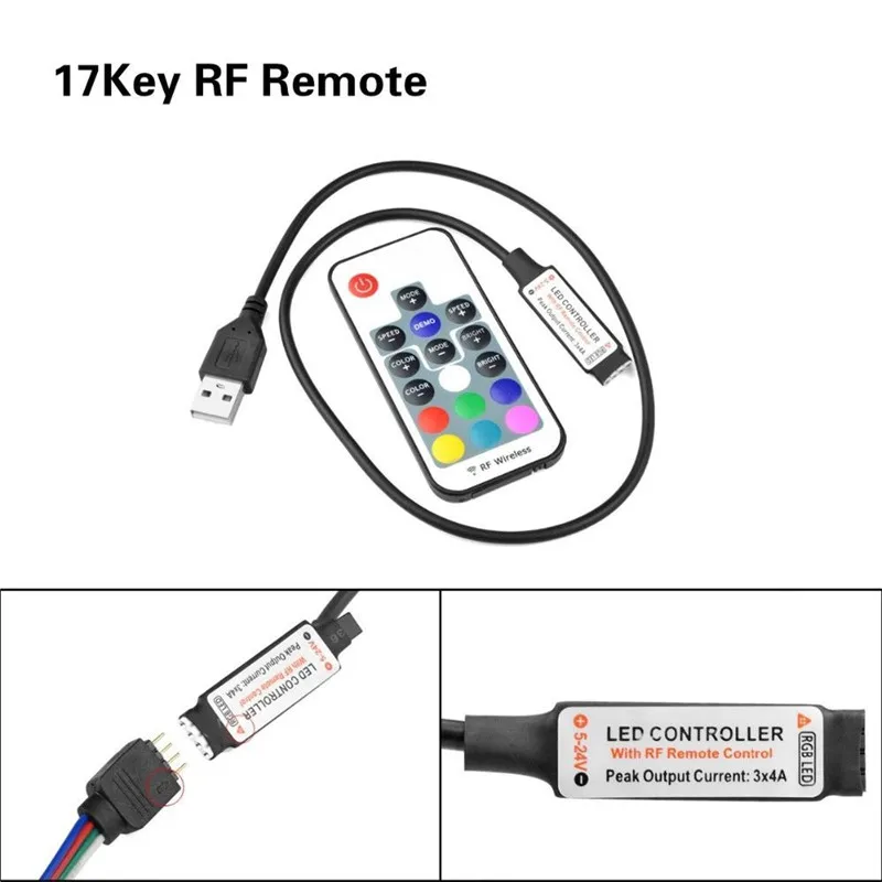 1m USB DC 5V-24V LED Controller Kit- 17 Key RF Wireless Remote Control Dimmer/Inline for 5050 3528 RGB LED Strip Lights