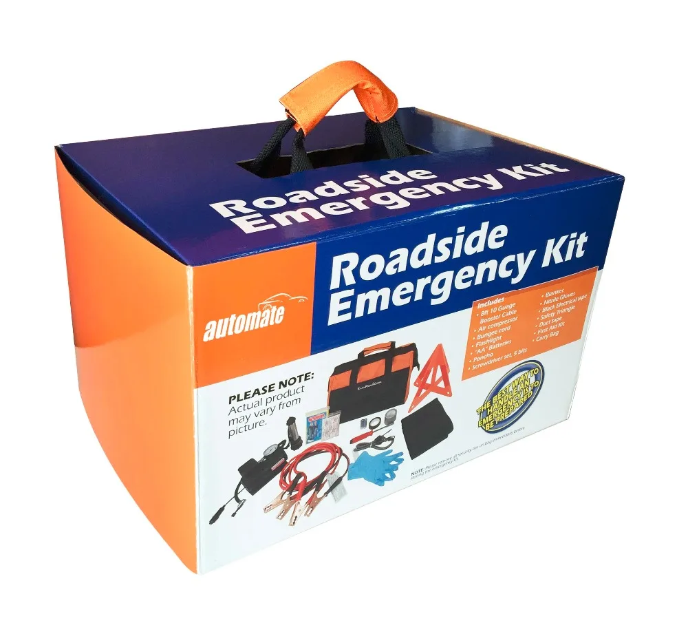 Roadside Assistance Car Emergency Kit + First Aid Kit Rugged Tool Bag Contains Jumper Cables, tools, Reflective Safety Triangle