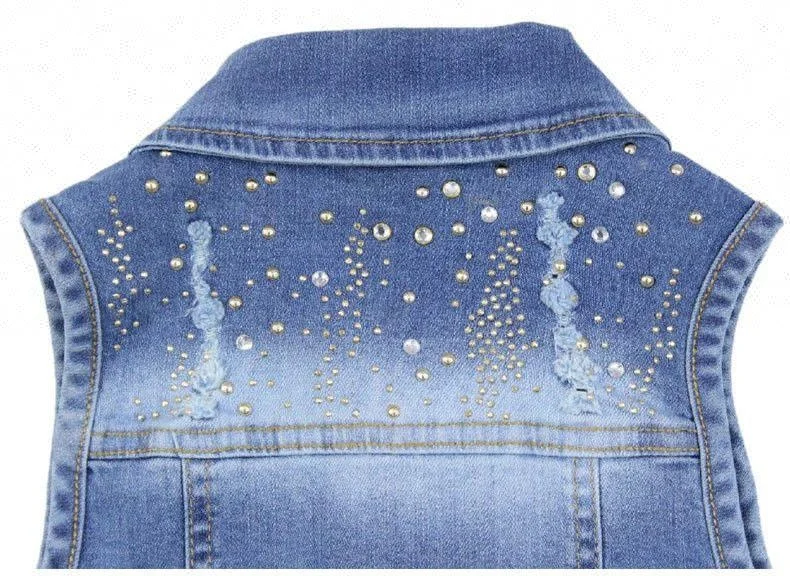 Royal wolf denim garment factory denim bead vest and ripped rhinestone jeans shorts girls summer set kids outfits