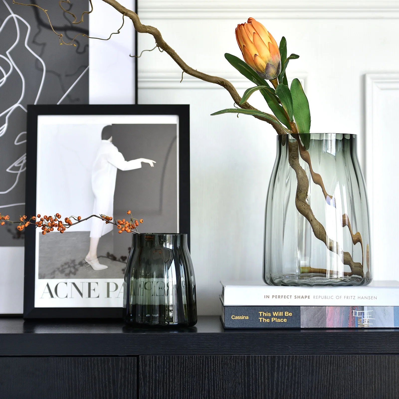 Bixuan Vases Grey Ribbed Handblown Glass Flower Arrangement Jar Vase Candleholder Table Decoration Centerpieces Accent Vases