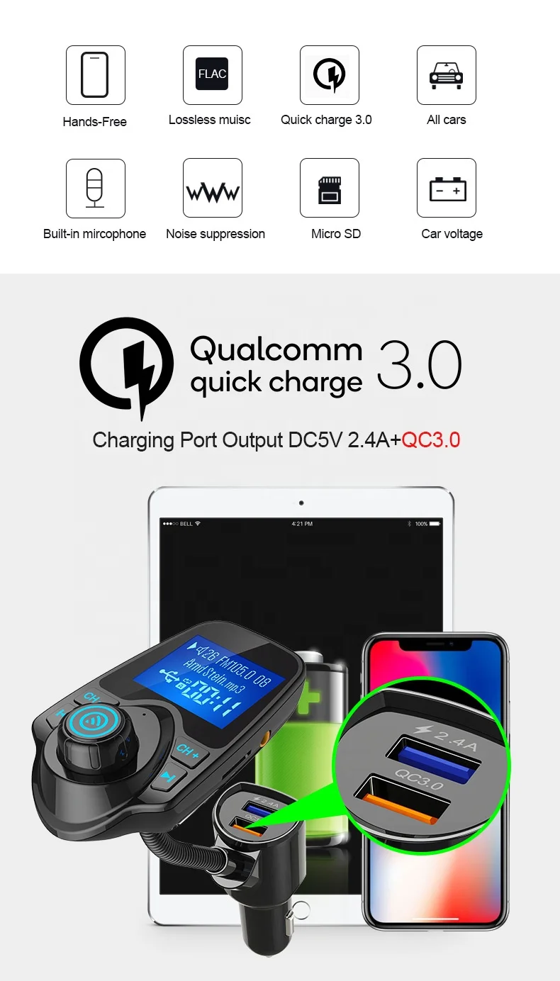  Автомобильный MP3-плеер AGETUNR T10Q V4.2 Bluetooth FM-передатчик стерео зарядное устройство QC3.0 ЖК-дисплей 1 44 дюйма Выход