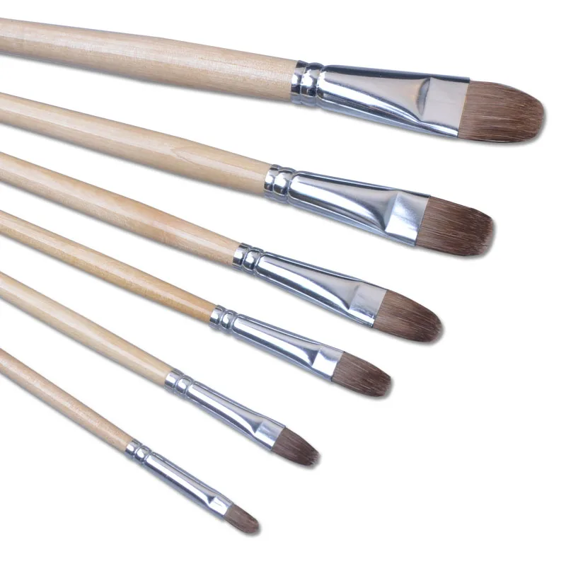 Factory 6 pcs  Weasel Hair Natural Wood Handle Artist Filbert Paint Brush Set