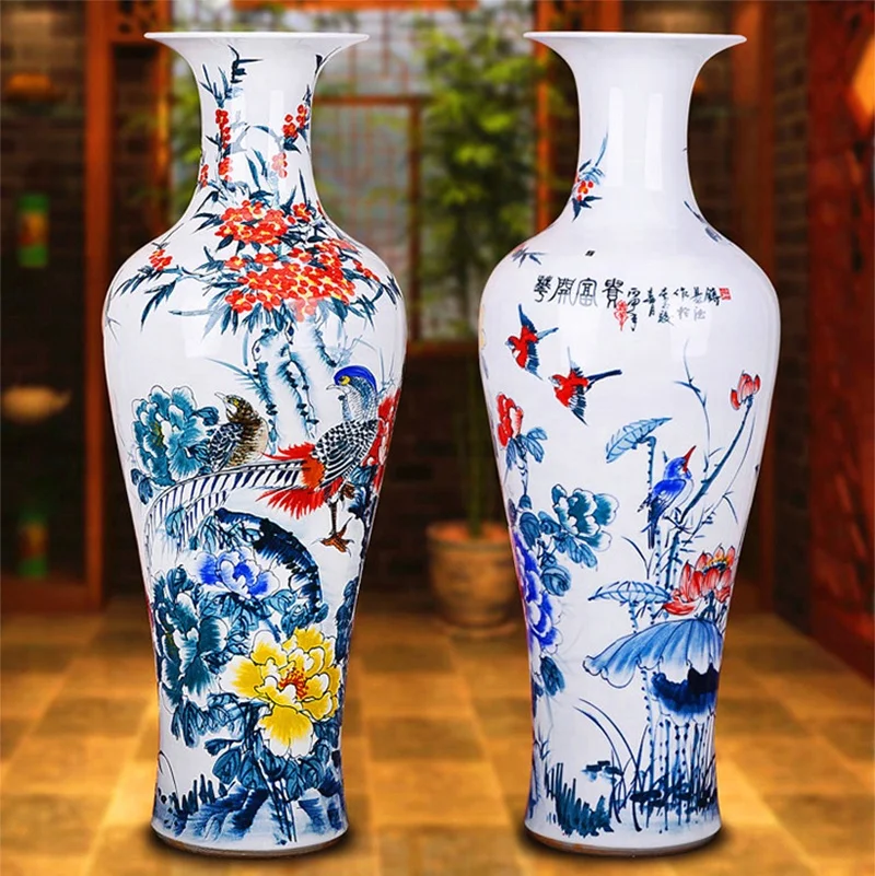 Hotel entrance decorative blue and white large vase  Luxury burgundy ceramic floor vase