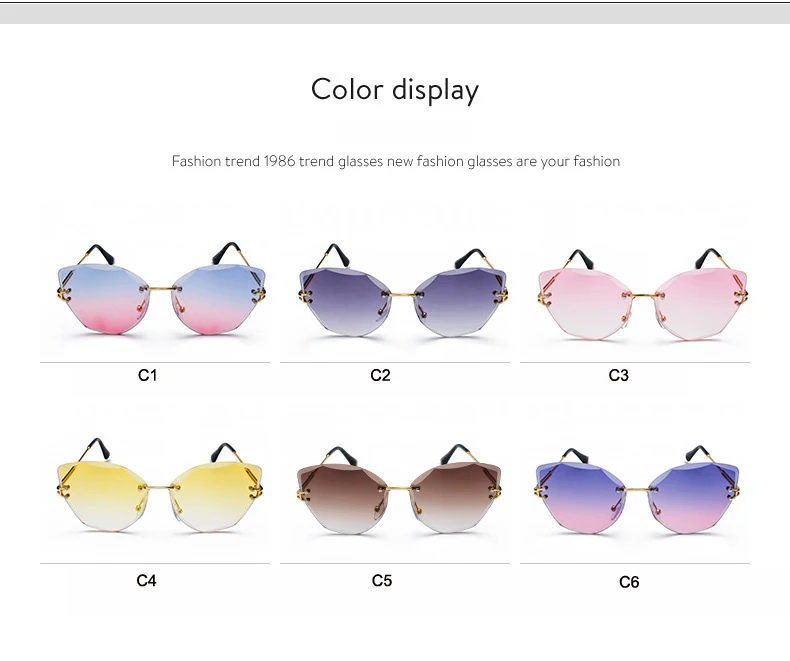wholesale ocean gradient color cutting lens rimless sun glasses women fashion shades cateye sunglasses