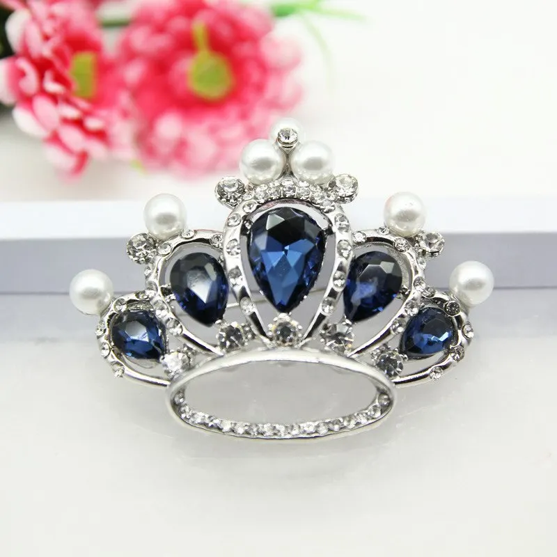 YK Fashion Korean Brooch Rhinestone Blue Zircon Pearl Crown Brooch Pin
