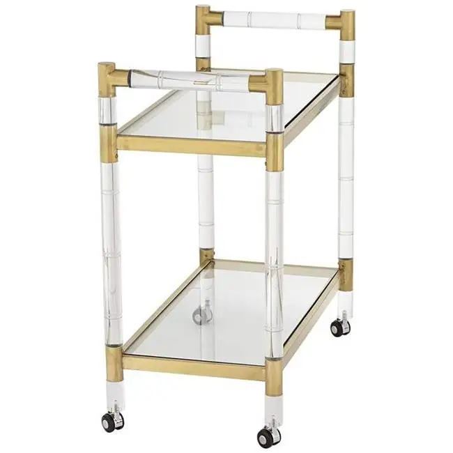 Commercial Hotel Furniture Glass Top Trolley Brass Serving Cart Gold Metal Acrylic Trolley