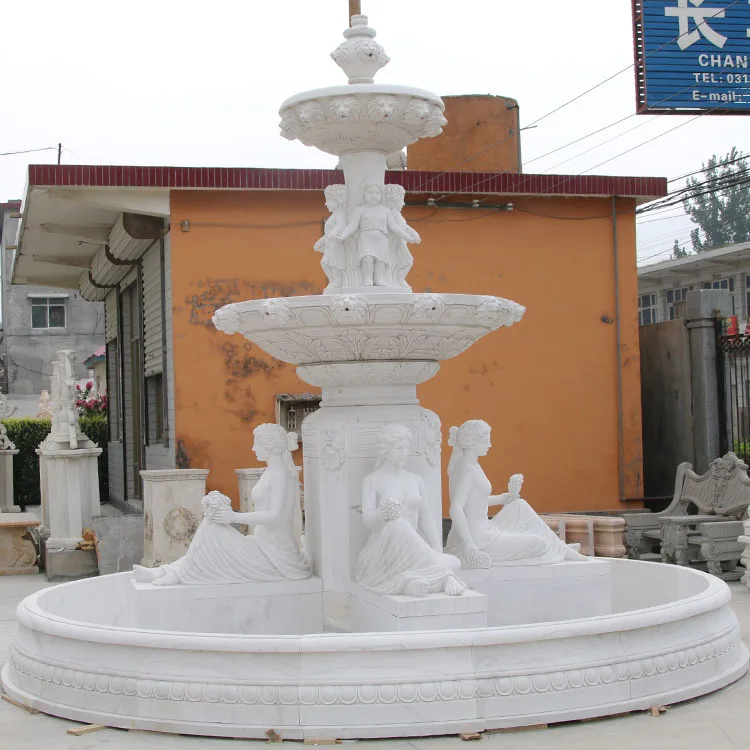 Stone crafts garden white marble water lady statue fountain with pond