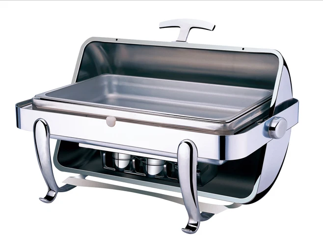 Hotel supplies rectangle roll top chafing dish with stainless steel lid golden legs buffet chafer