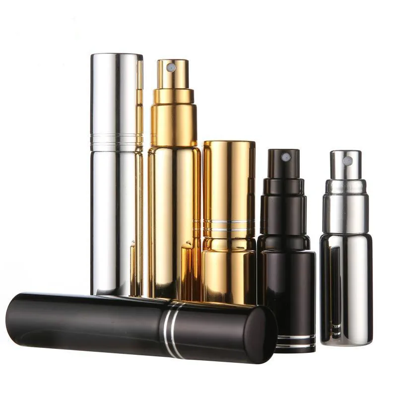 
empty refillable mist spray 5ml 10ml 15ml gold black silver test glass perfume bottle with aluminum atomizer 