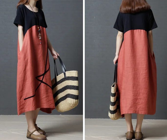 Latest western short sleeve loose long dresses summer woman fashion linen dress