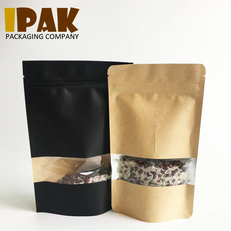 Wholesale 100% recycled laminated kraft paper mylar zipper window stand up bags for food packaging