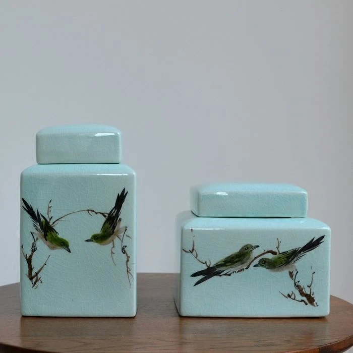 Celadon Antique ceramic hand printed food container bird paint crack porcelain pickle jar retort spice jar with lid