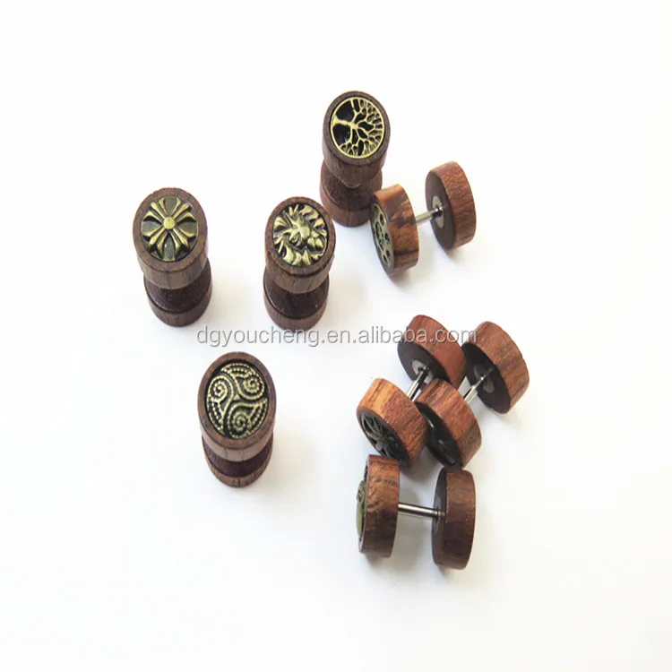 
16G Wood Fake Cheater Plugs Unisex Earrings Screw Stud Barbell Tunnel 