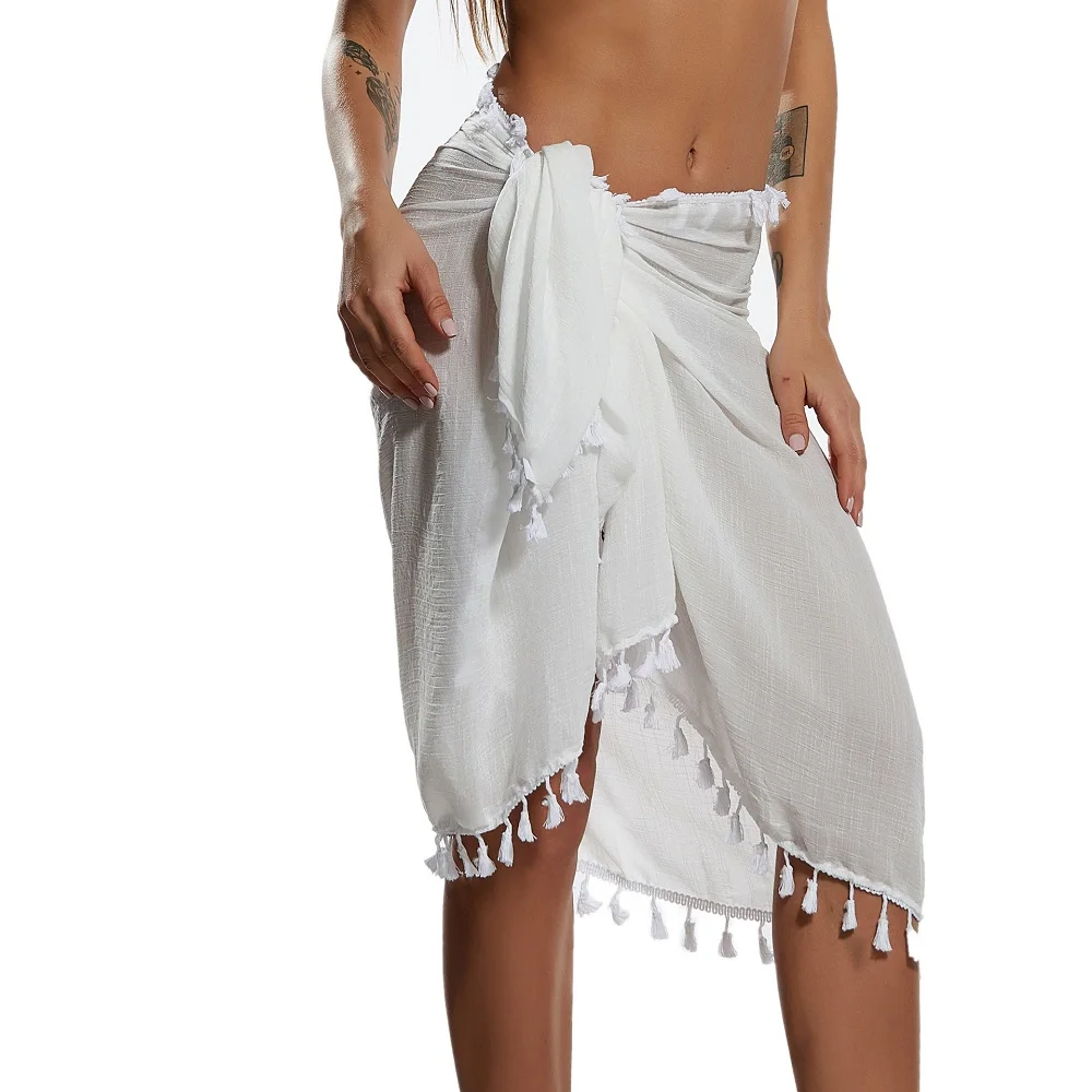 2023 New Women Swimwear Chiffon Solid Tassel Cover Up Beach Sarong Pareo Bikini Seaside Resort Sun-Proof Swimsuit Wrap Skirts