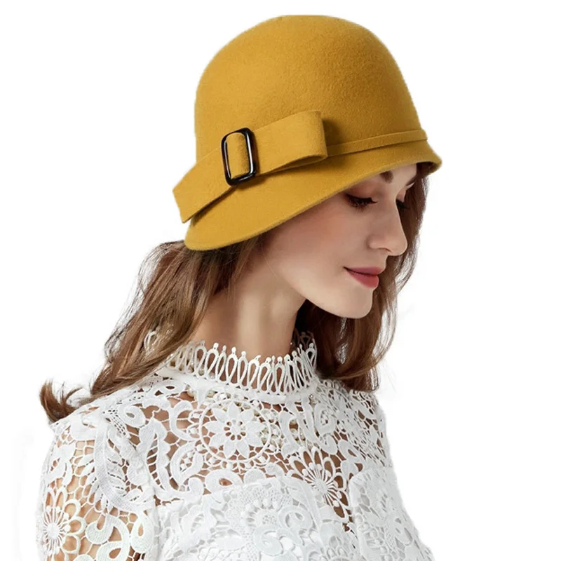 2019 Vintage Black Yellow Blue Bowler Wool Felt Cloche Hat With Bowknot Wide Brim Fedoras Ladies Floppy Derby Hats Cap Wholesale