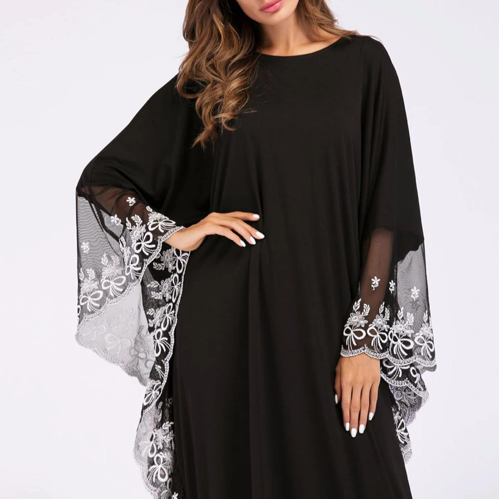 Wholesale bat sleeved embroidered robe plus size splicing dress