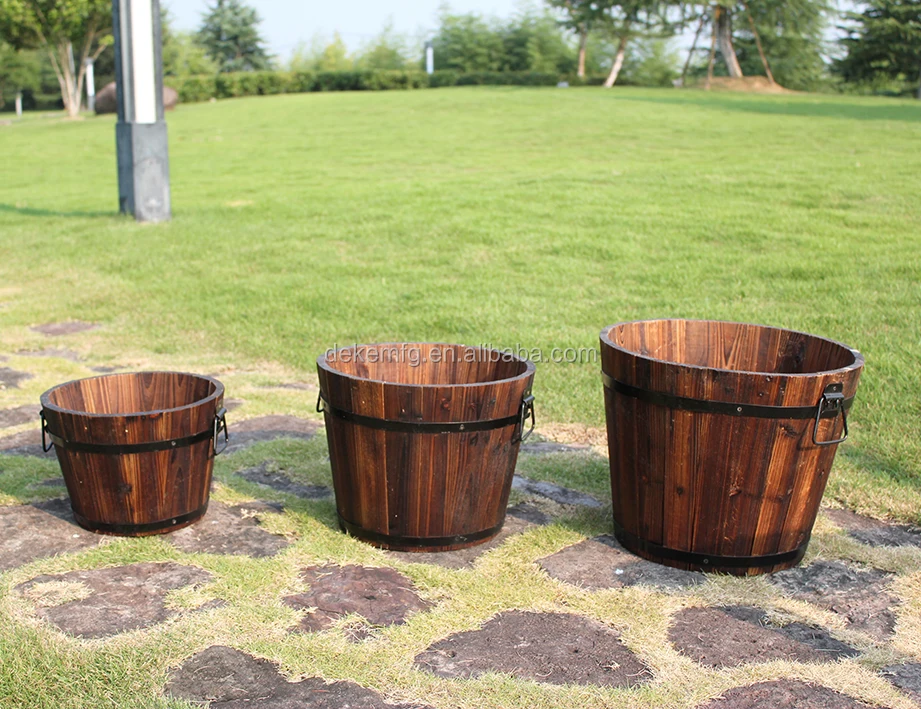 Outdoor Solid Cedar Wood Barrel Set Of 3 Planter Set Wood Flower Pots Wood Barrel Planter
