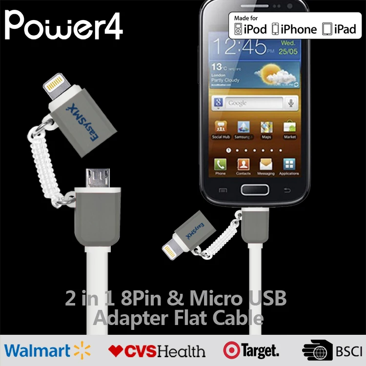 
High quality Micro usb 8pin USB 2 in 1 Sync Data Charger electric Cable for iPhone iPad iOS For Samsung HTC Android 