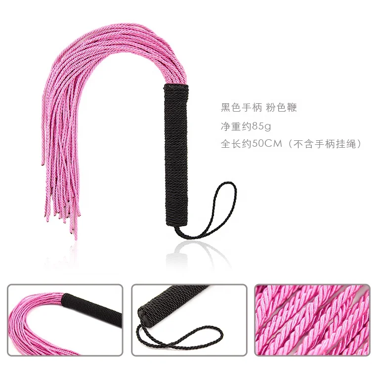 Black Handle Pink Nylon Rope Tailed Asult Toy Whip For BDSM Slave Spanking