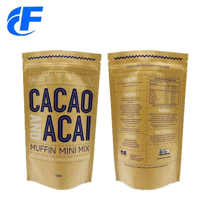 Custom printed stand up Kraft paper pouch for cacao powder packaging