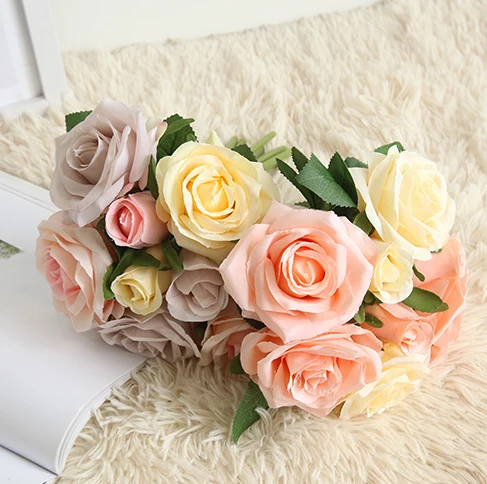 8 Heads Cheap Interior Red Rose Artificial Flower Bouquet Mini