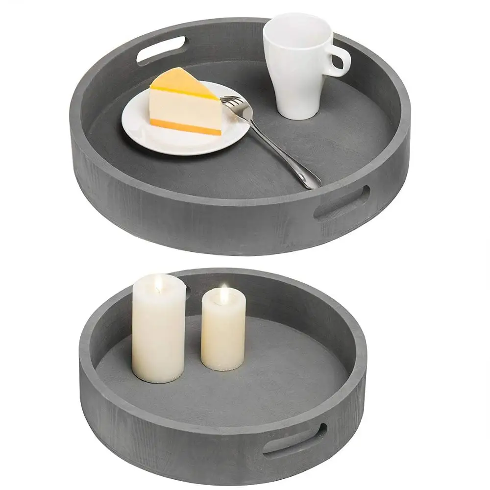 Round Nesting Charcoal Gray Wood Serving Trays Set of 2
