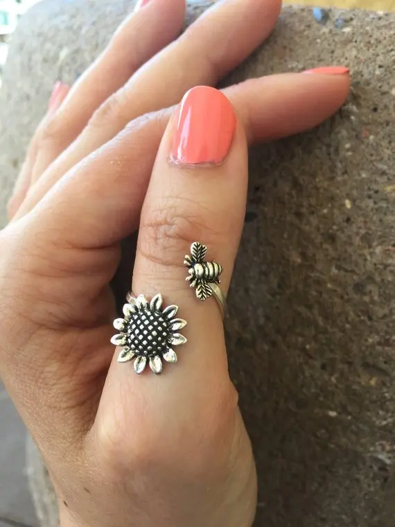 Factory Price 925 Sterling Silver Bee and Flower Spoon Ring