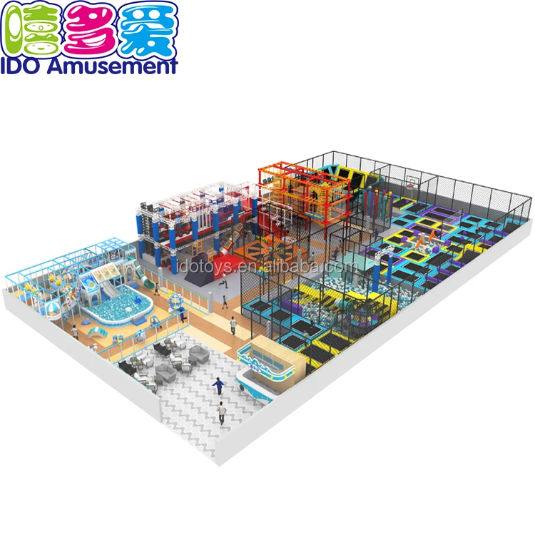 Customized Size Kids Indoor Commercial Trampoline Park With Foam Pit And Basketball Hoops