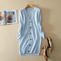 Women s 100 pure cashmere knitting long thick cardigan with V neck single breasted slim fitting