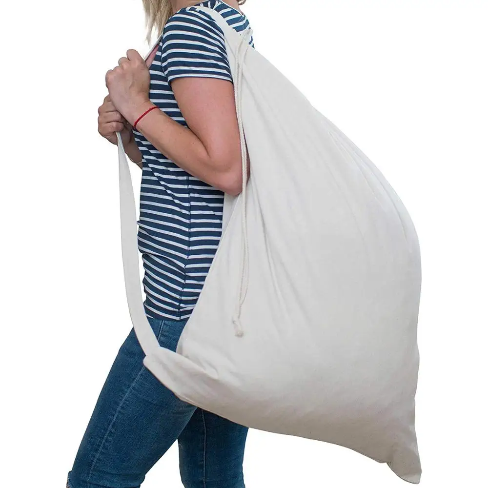 Reusable Canvas Cotton Drawstring Laundry Backpack Bag