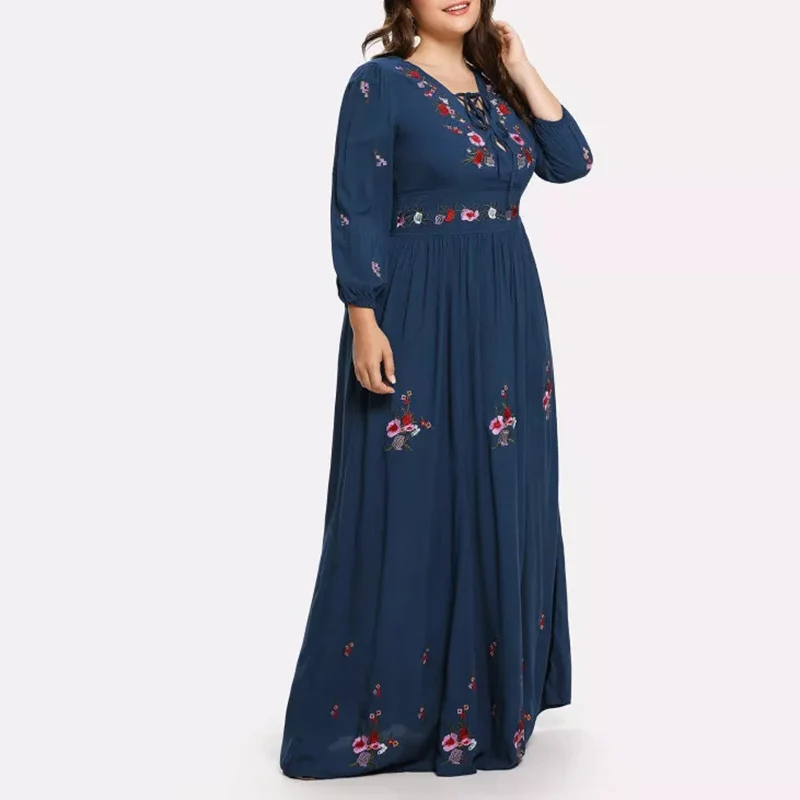 Осенняя одежда плюс шнуровка спереди цветок вышитое платье макси Толстые Женщины Цветочное Ночное