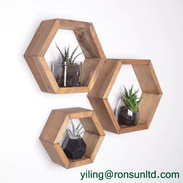 Wood Floating Shadow Box Honeycomb Hexagon Wall pine shelf