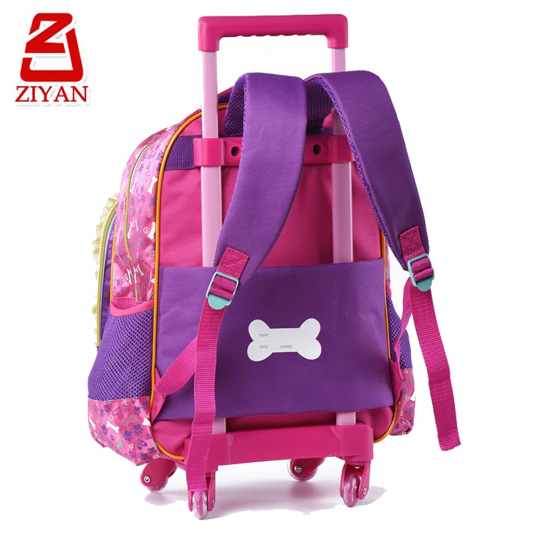 
2018 Latest design cute children backpack trolley bag school, creative bone logo 3D cartoon dog kids wheel school bag for girls 