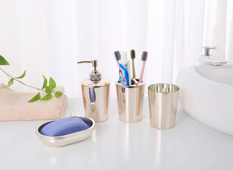 
cheap price hotel soap bottle toothbrush holder 4pcs plastic bathroom sets accessories electroplate workmanship 