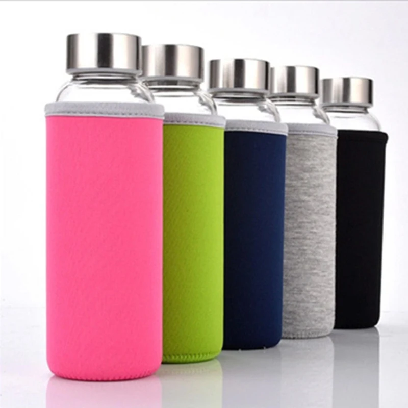 
Leakproof high borosilicate portable stainless steel lid glass water bottle with nylon protective sleeve 