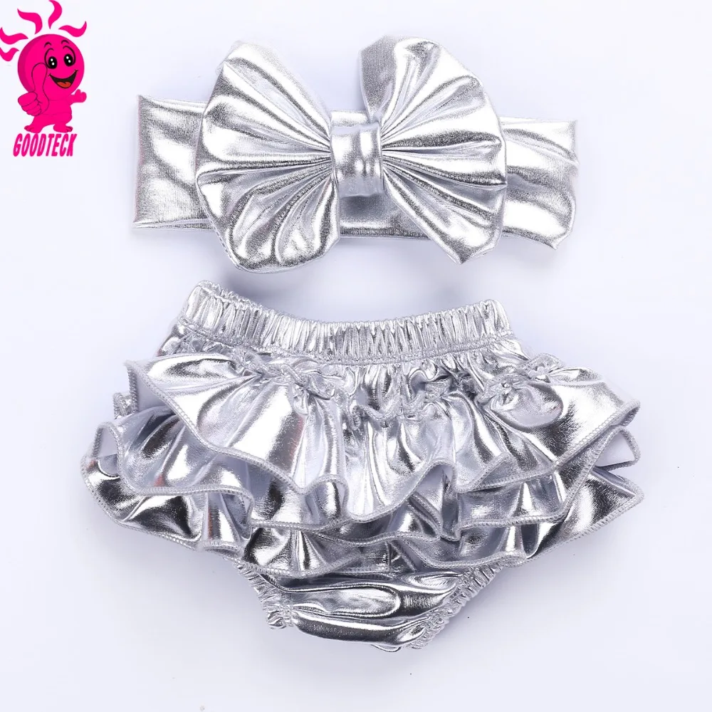 
Wholesale baby clothes,new born solid color shiny hot sale baby bloomer with bow headband 