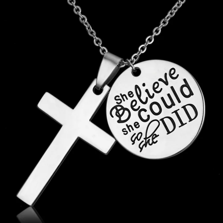 wholesale silver jewelry cross pendant necklace custom coin engraved she believe she could so she did necklace