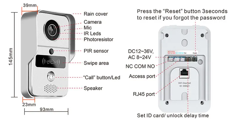 
H.264 smart home WiFi video door bell, 2.4G wireless video door phone with RFTD card, wireless unlock 